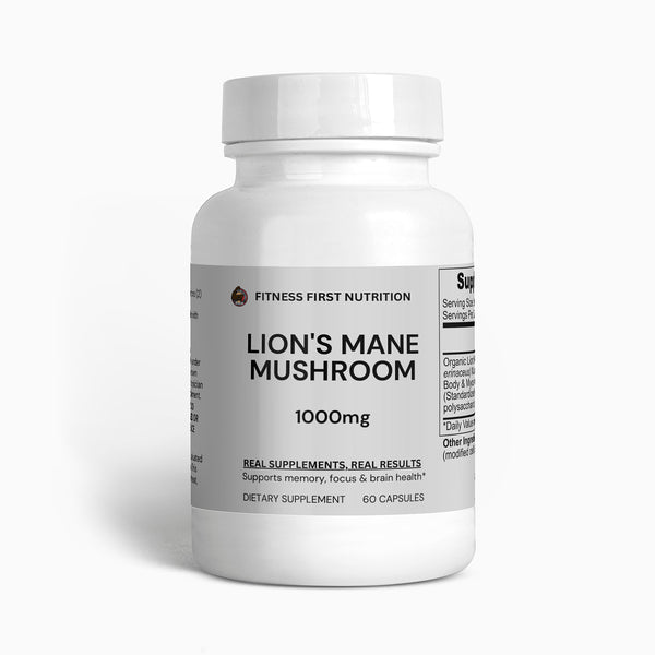 Fitness First Nutrition Lion's Mane Mushroom supplement bottle label