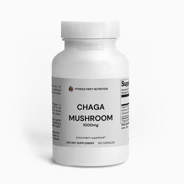Fitness First Nutrition Chaga Mushroom supplement bottle label